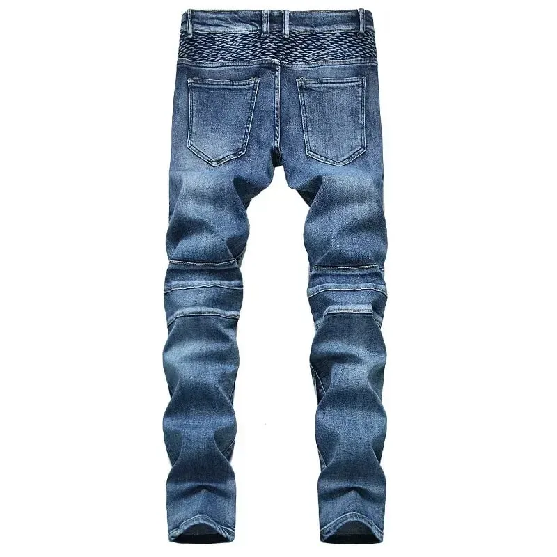 Men's New Casual Motorcycle Jeans Hip Hop Street Riding Stretch Slim Fit Straight Pants Patchwork Fashion Denim Trousers Male
