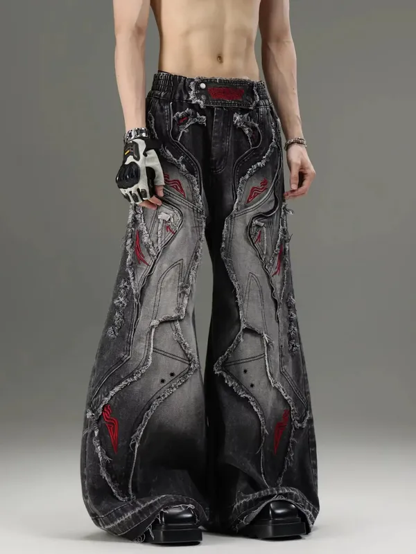 Gothic Retro Baggy Unisex Mopping Pants Y2K Phantom Jeans High Street Red Embroidered Patch Hip Hop Streetwear Straight Jeans