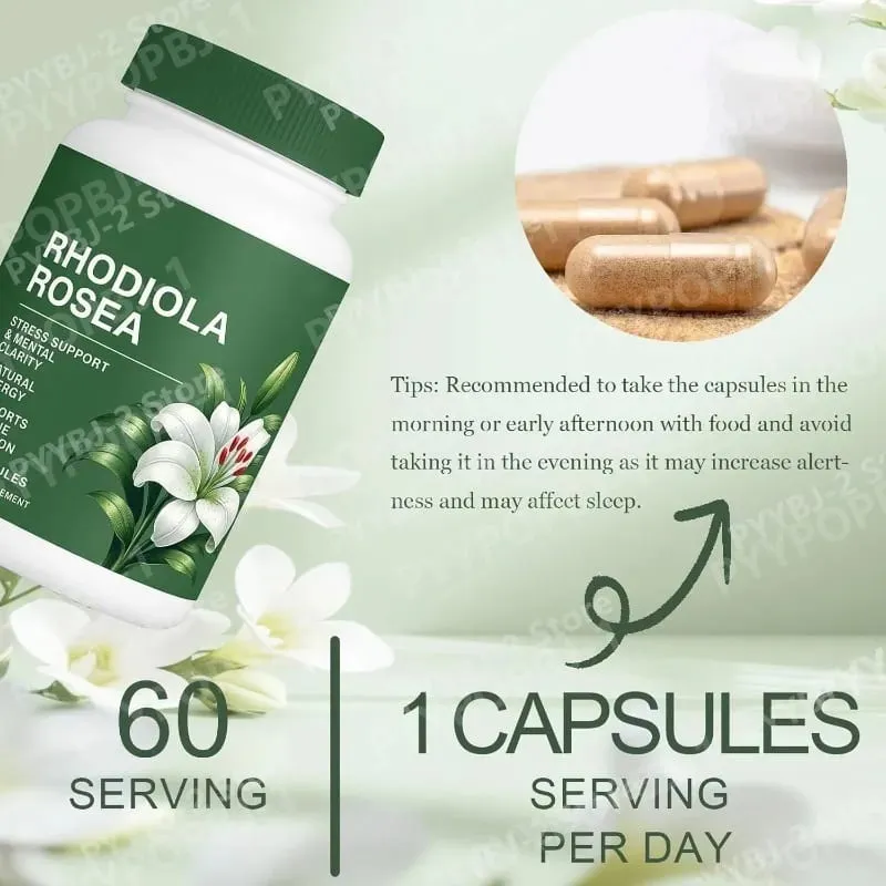 60 Pieces Rhodiola Rosea Capsules 500mg Natural Herbaceous Plants Supplement for Daily Stress Support & Energy Balance Health