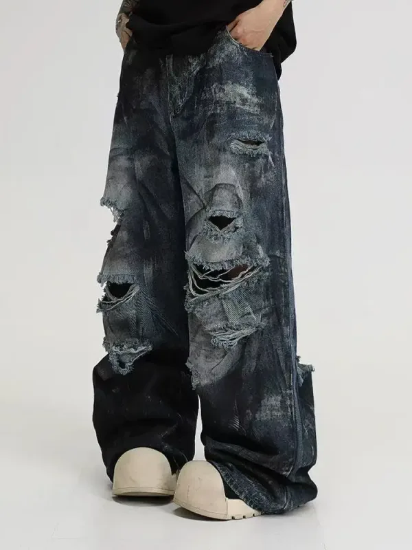 Inkjet buraco jeans masculino feminino novo americano lavado hip-hop calças de perna larga gótico rua calças retas