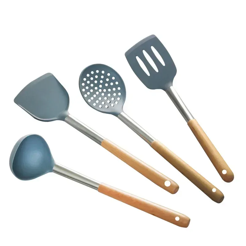 Utensili da cucina in silicone spatola in silicone manico in legno spatola in silicone cucchiaio da zuppa in silicone spatola con perdite padella antiaderente