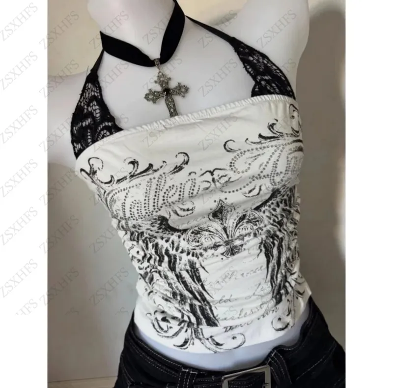 Sexy Lace Y2k Halter Tops Women Clothing Gothic Punk Girl Summer Sling Body Tees Grunge Slim Corset Harajuku Kpop Crop Top Emo
