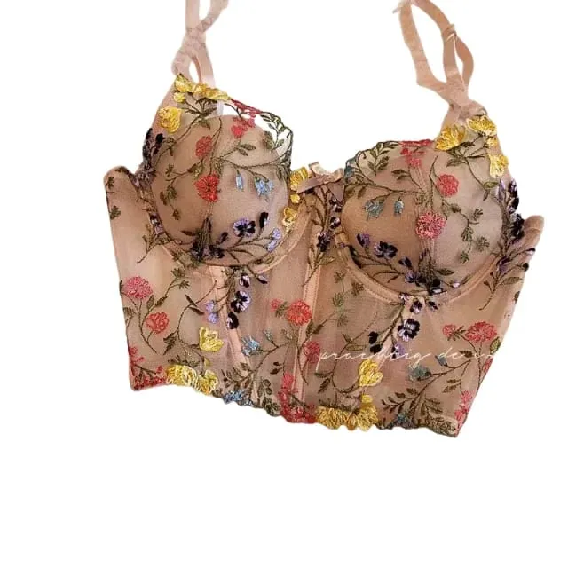 Extended Embroidered Bra And Panty Set Floral Lace Women Underwear Sexy Female Thin Cotton Cup Push Up Lingerie Suit