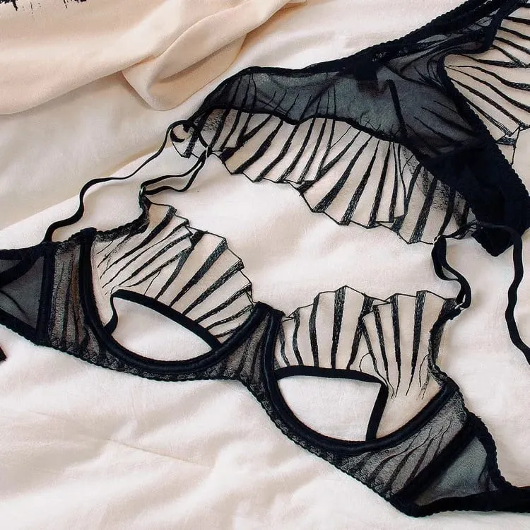 2-piece Women's Brief Sets Black Scallop Chest Cup Embroidered Lingerie Set Underwear Black Mesh Hot Unlined Minimizer Bra