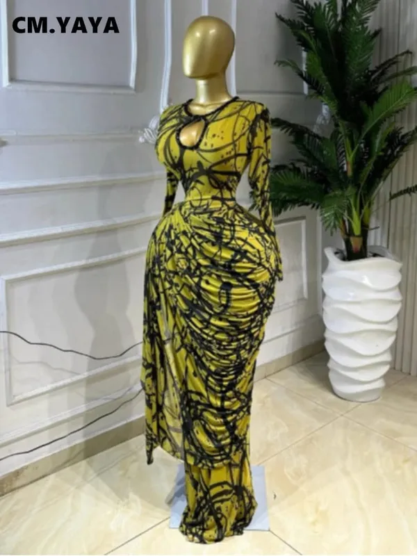 CM.YAYA Women Striped Print Ribbon Ruched Long Sleeve Bodycon Maxi Long Dress 2026 Sexy Birthday Party Education Trendy Dresses — image 2