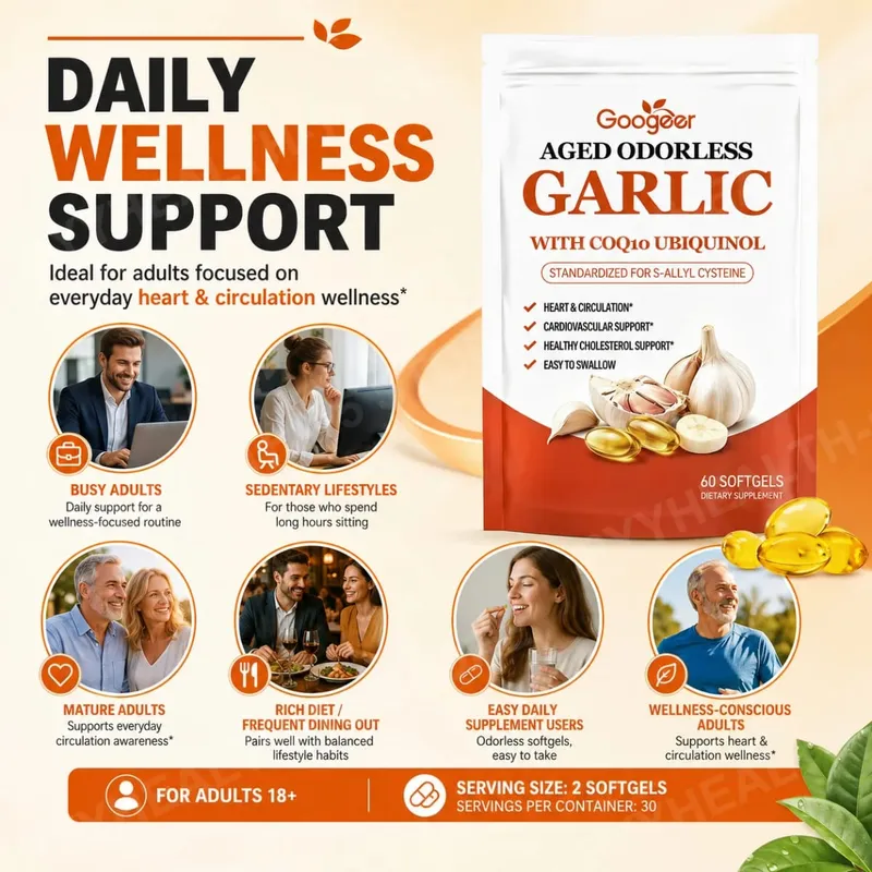 Googeer Aged Odorless Garlic Softgels with CoQ10 Ubiquinol Vitamin K2 MK-7 Heart Circulation Energy Immune Support 60 Count