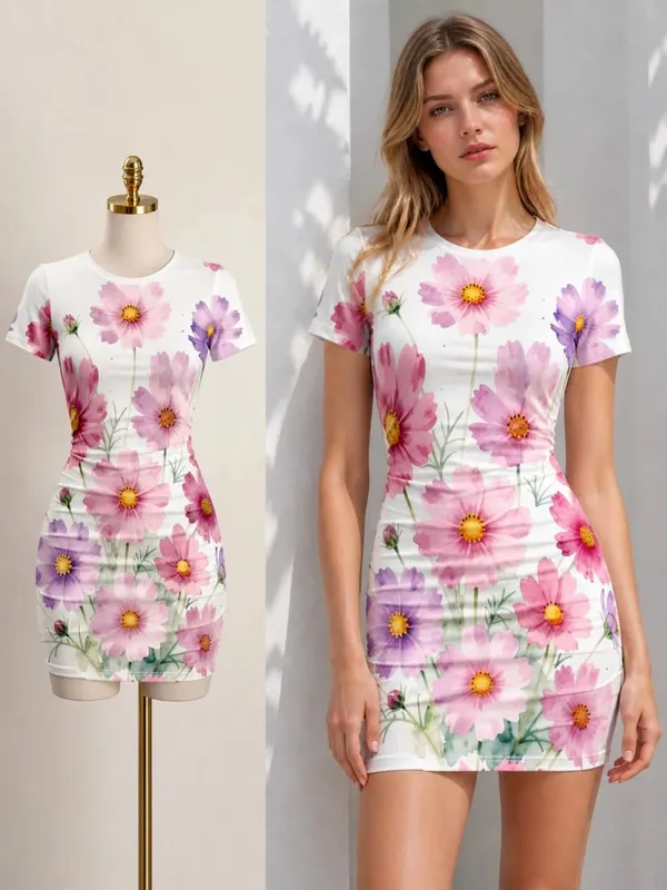 Womens Short Sleeve Bodycon Mini Dress Slim Fit Crew Neck Floral Print Casual Summer Party Cute Elegant Brunch Vacation Sundress