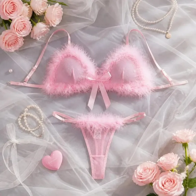 Sweet Furry Women's Underwear Mesh Transparent Bow Decor Lingerie Set Wireless Romantic Intimate Bra Panties Suit Anniversary