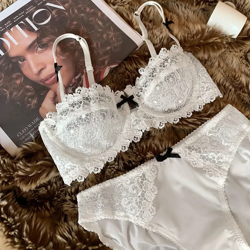 Conjunto de Sujetador de encaje Sexy para mujer, lencería erótica oculta de media Copa transparente, pezón ultrafino, ropa interior cómoda de realce, talla grande