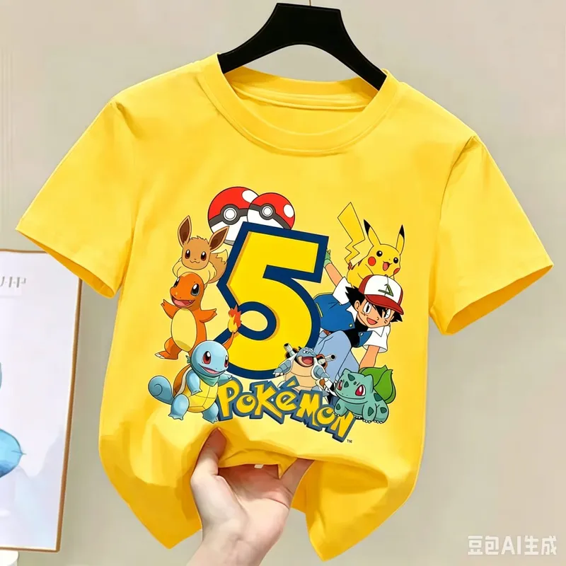 2026 Pikachu Kids Children T Shirts Birthday Number 1-9 Printed T Shirt Boys Girls Summer Short Sleeves Tops Children Clothing