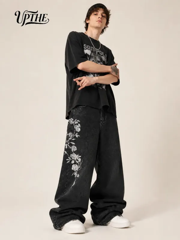 UP.THE Men Vintage Washed Black Baggy Wide Leg Jeans Y2K Oversized Loose White Rose Vine Embroidery Denim Pants Gothic Grunge Streetwear Trousers for Daily Outfits