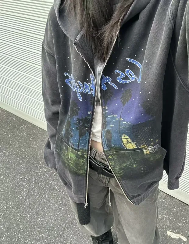 False Rhinestone Starry Sky Pattern Print Washed Zipper Loose Hoodie Street Casual Cotton Versatile Sports Trendy Sweatshirt