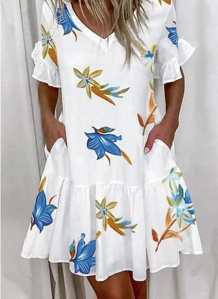 Frauen Sommer Kleid Casual V-ausschnitt Kurzarm Schmetterling Sleeve Floral Blatt Brief Drucken Mini Kleider Vestidos YSX9032
