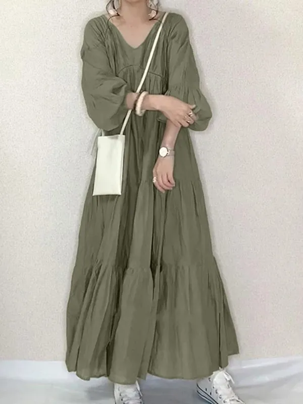 Robe longue à volants Vintage pour femmes, tenue de printemps décontractée, manches bouffantes, Maxi, col en V, robes élégantes