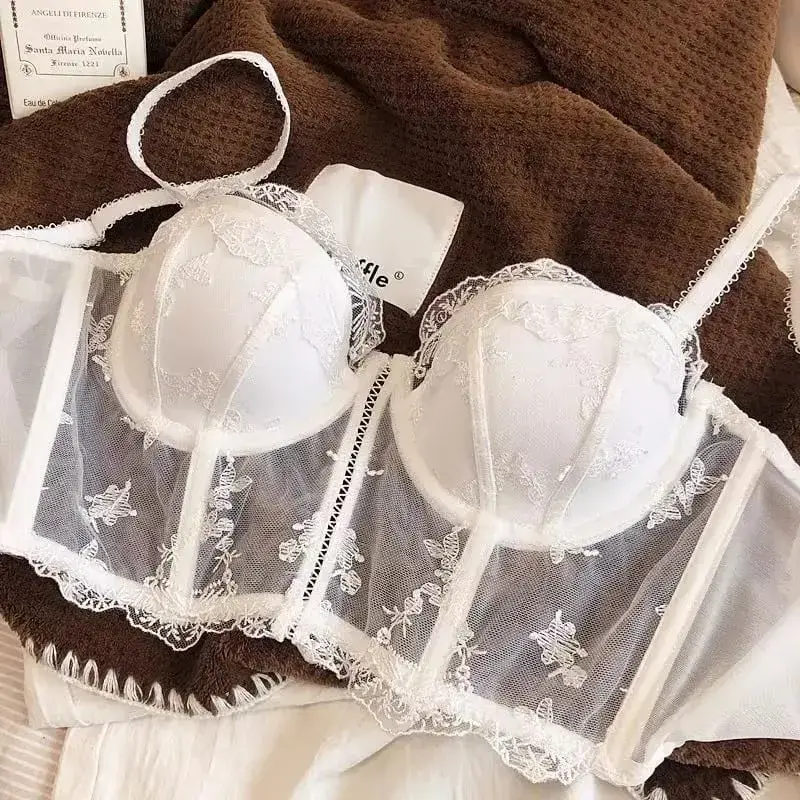 Vintage fransk halv kop broderi blonder longline korset bh sæt sexet push-up buste støtte forme lingeri 2 stk undertøj dragt