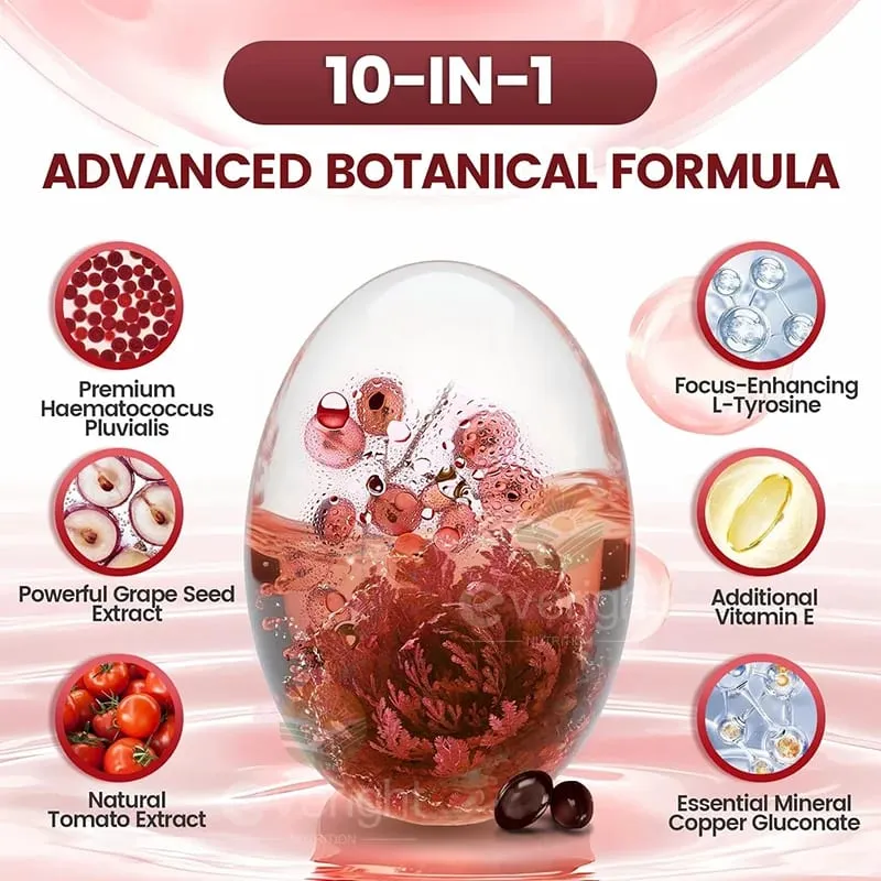 Astaxanthin 24mg – Antioksidan Ampuh untuk Kulit Mata & Kesehatan Kekebalan Tubuh – 10-in-1 dengan Lycopene Grape Seed Vitamin E & Zinc