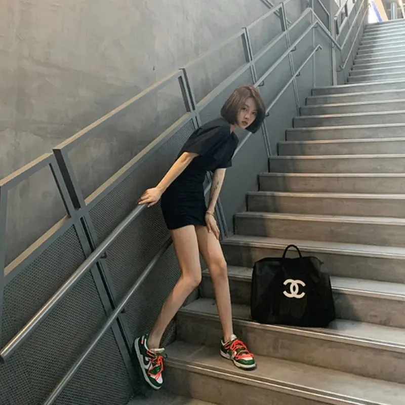 Women Summer Short Sleeve Dress Lady Bodycon Ruched Black Short Skirt Female Casual Elegant Party Daily Wear Dresses