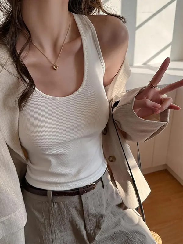Women's Solid Color Lace Korean Vest Summer Trendy Singlet Cotton Sleeveless Camisole U-Neck Comfortable Female Tank Tops