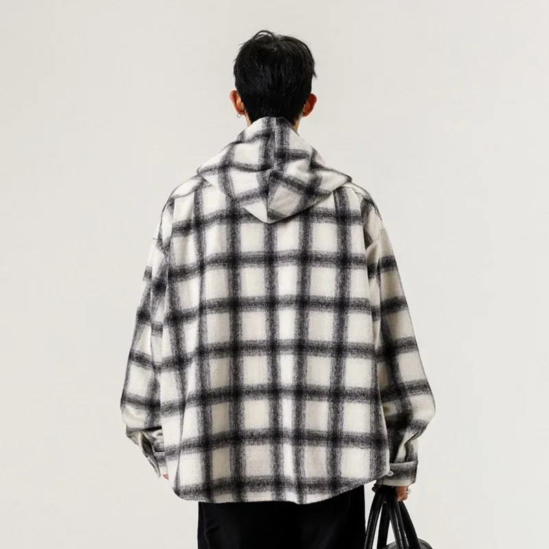 Y2K-Chaqueta holgadas de cuadros con capucha para hombre, cárdigan de talla grande a la moda, ropa de abrigo Vintage coreana, sudaderas con capucha de una botonadura