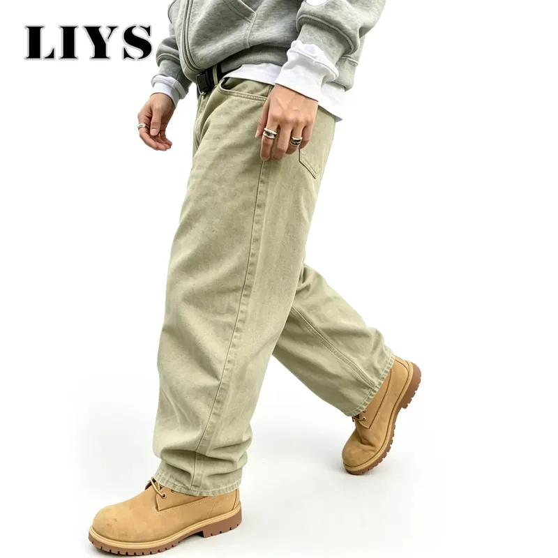Men's American Retro Light Khaki Wide Leg Curved Jeans Loose Straight Tube Washed Work Pants High Street Fashion Versatile
