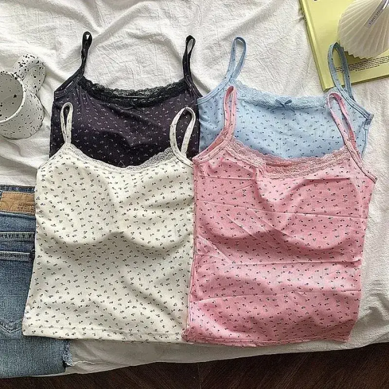 Elegant Lace Flower Print Slim Sexy Vest Floral Tops One Size Tank Spring Sweet Bowknot Style T-Shirt Casual Crop Top Summer