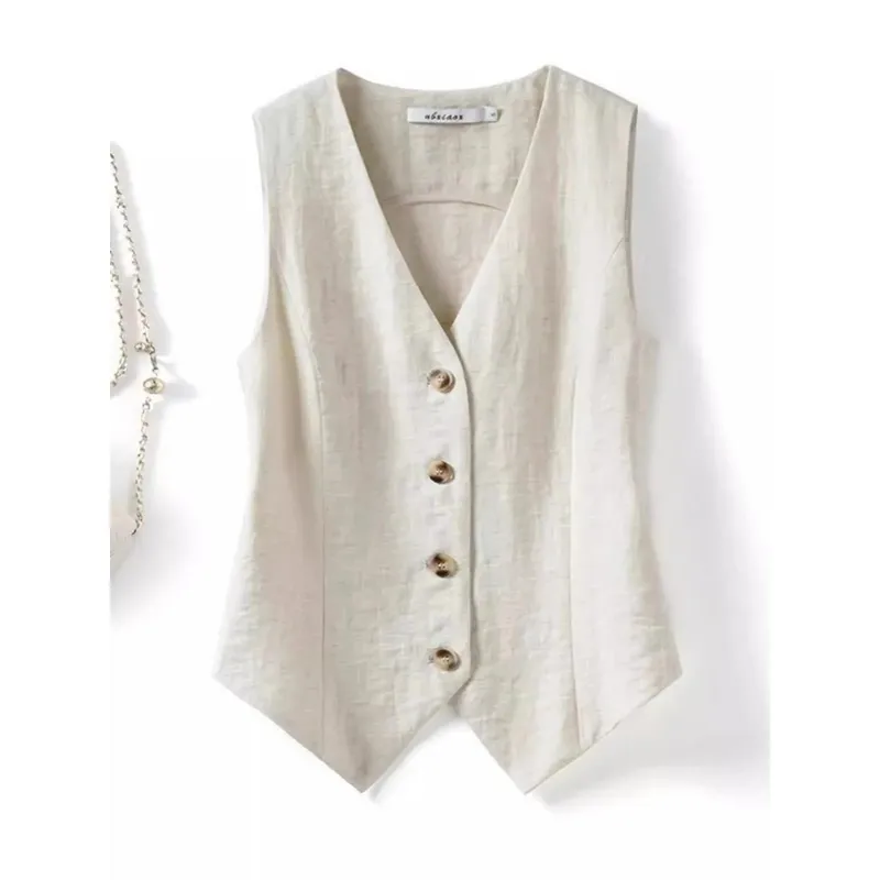Summer solid color linen vest thin women's vest slim fit short sleeveless suit V-neck shoulder vest