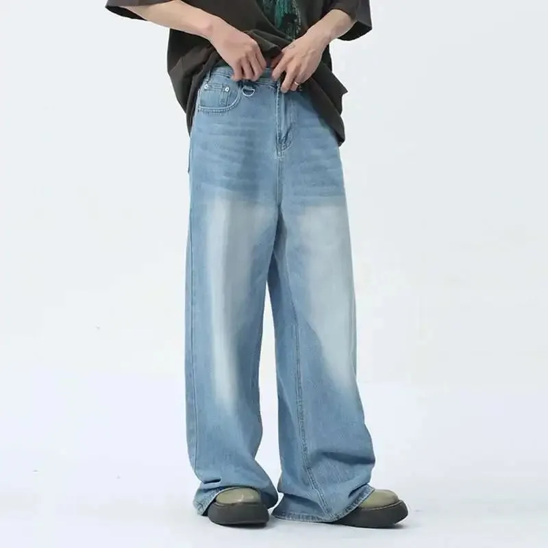 Vintage Camouflage Men's Jeans Fashion Washed Casual Wide Leg Denim Pants Autumn Winter Loose Male Trousers Old Blue 9C354