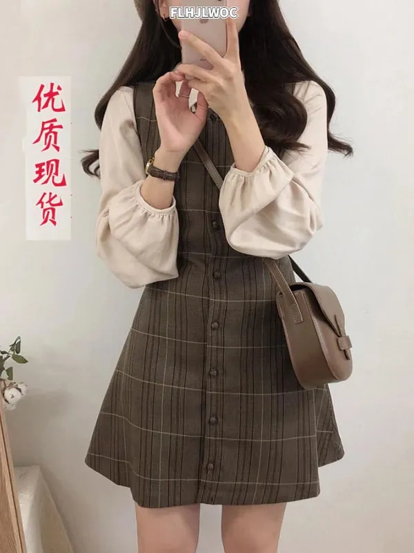Bonito mini ano novo data vestidos sem mangas colete feminino coreia estilo japonês design retro vintage xadrez botão camisa vestido 11021