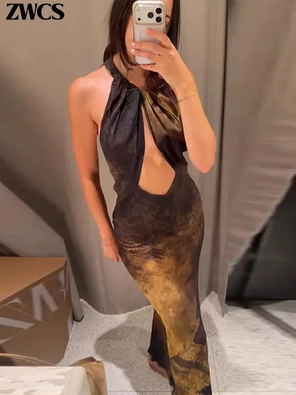 Sexy Printed Halter Backless Party Gowns 2026 New Female Slim Hollow-out Sleeveless Long Robes Women's Club Bodycon Dresses