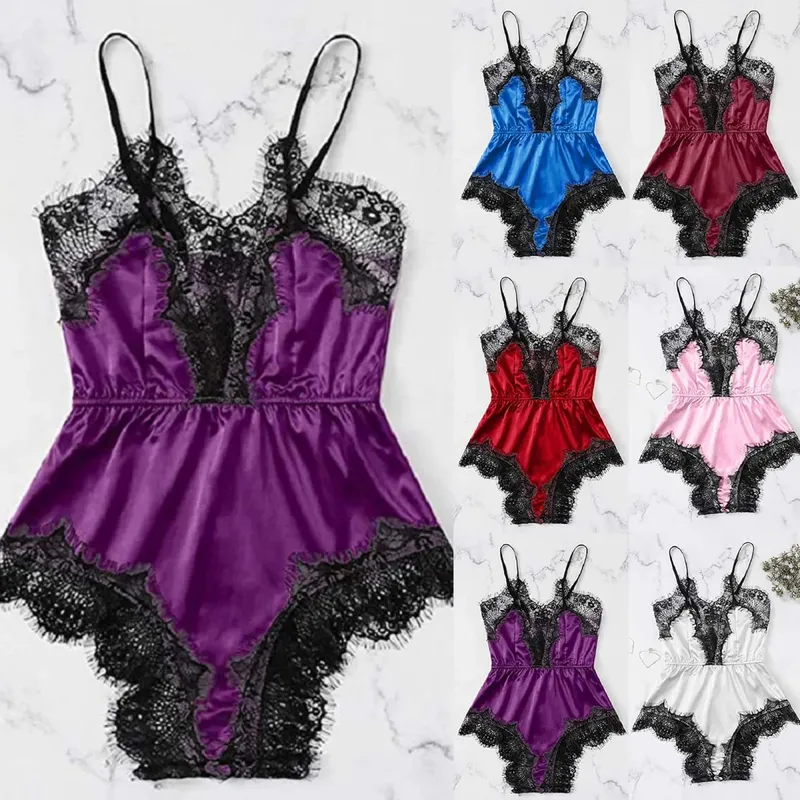 Women Sexy Lace Lingerie Bodysuit Home Wear Black Lace Pink Stain Suspenders Shorts Pajamas For Mature Sexy Ladies Nightwear