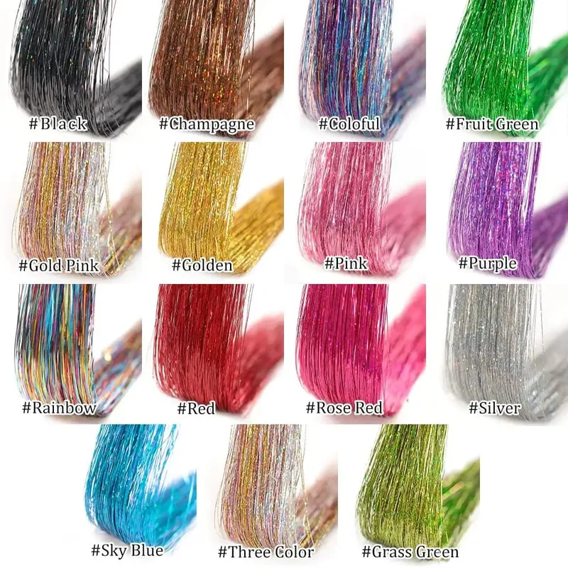 6Pcs 50cm Sparking Shiny Hair Tinsel Hair Extensions Tinsel Synthetic Hair Clip Extensions Women for Braiding Headdress