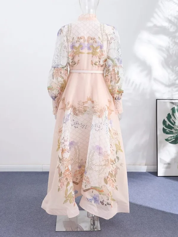 Elegant Printed Belted Maxi Dresses Women Slim Puff Sleeve Lace-up Stand Collar Dress 2026 New Ladies Summer Party Evening Grown