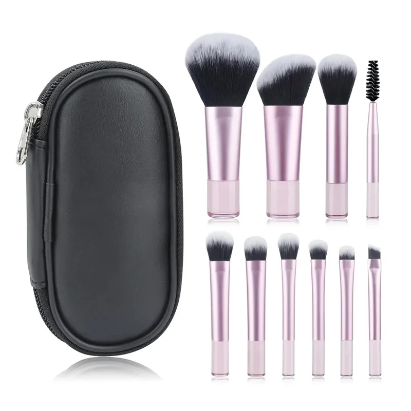 10pcs Pink Makeup Brush Set for Beginners Mini Portable Foundation Eyeshadow Brushes with Crystal Handle Includes Brush Pouch