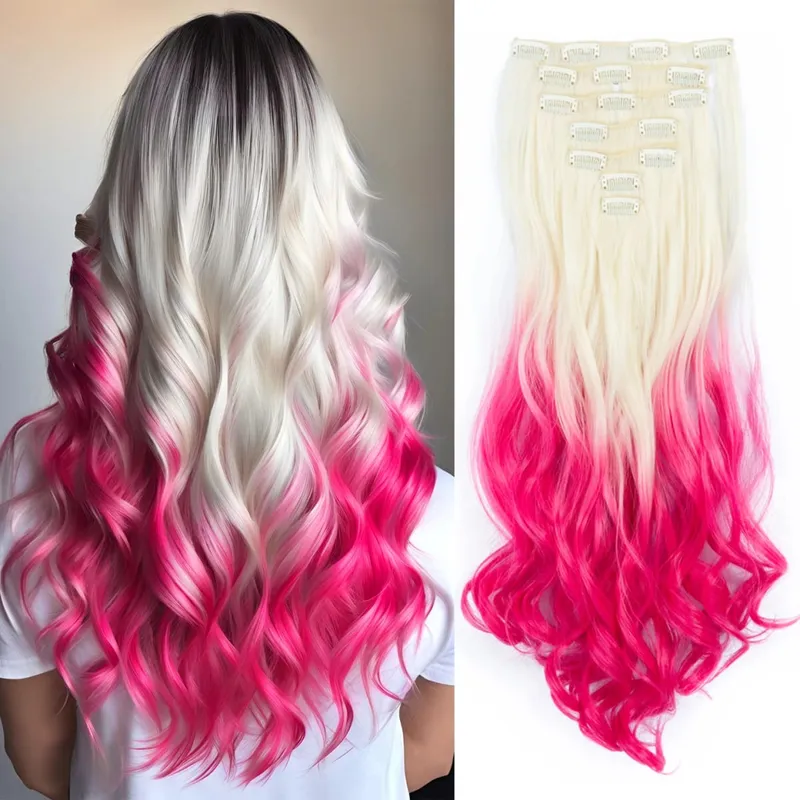 Clip in Long Wavy Synthetic Hair Extension 22 Inch 7PCS Thick Hairpieces Fiber Double Weft Hair for Women