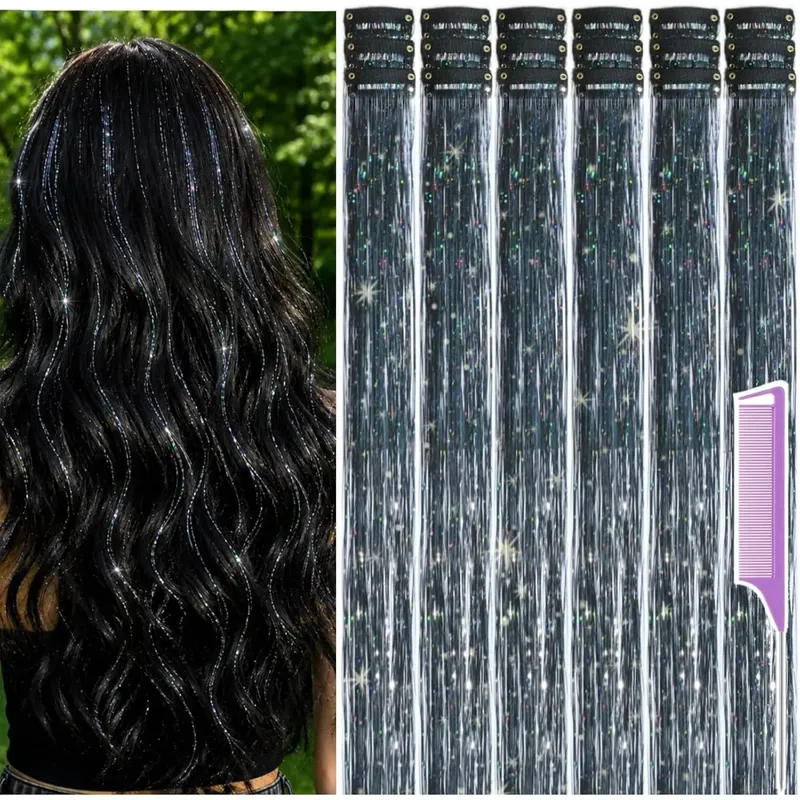 Balení 18 ks Nápadné doplňky do vlasů Rainbow Hair Tinsel Clip in Balíček 22palcových třpytivých pohádkových vlasů pro ženy, dívky