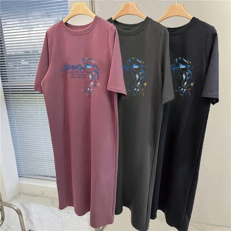 Korean Casual Maxi Tee Dress Blue Dolphin JEANS Letter Print White Loose Short Sleeve Long T-shirt Dress