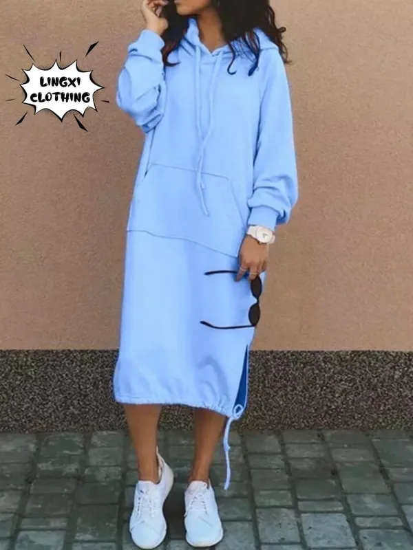 Gaun Panjang Hoodie Hangat Belahan Saku Elegan Berkerudung Besar Jubah Sweter Wanita Baru Mode Musim Gugur dan Musim Dingin 2023