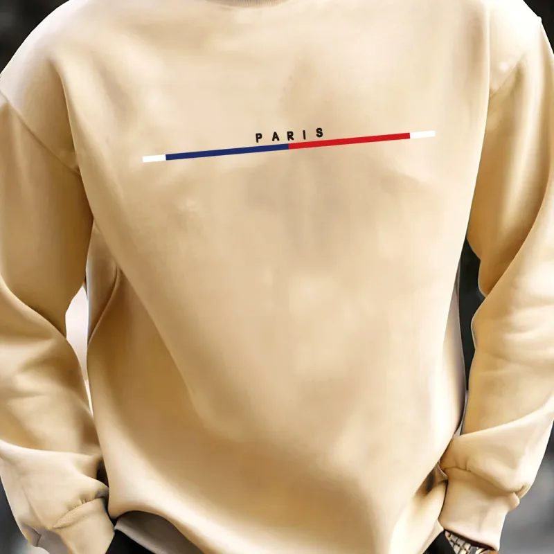 Men's autumn and winter casual sports loose oversized Paris print with fleece warm pullover round neck long sleeved sweatshirt