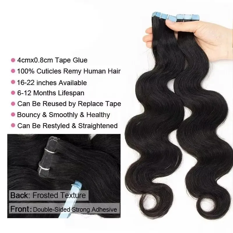 20Pcs/Pack Real Human Hair Tape In Hair Yaki Straight Hair Extensions Designed for Women Suitable for Daily Wear Attachment Of All Ethnicities 16-22inch