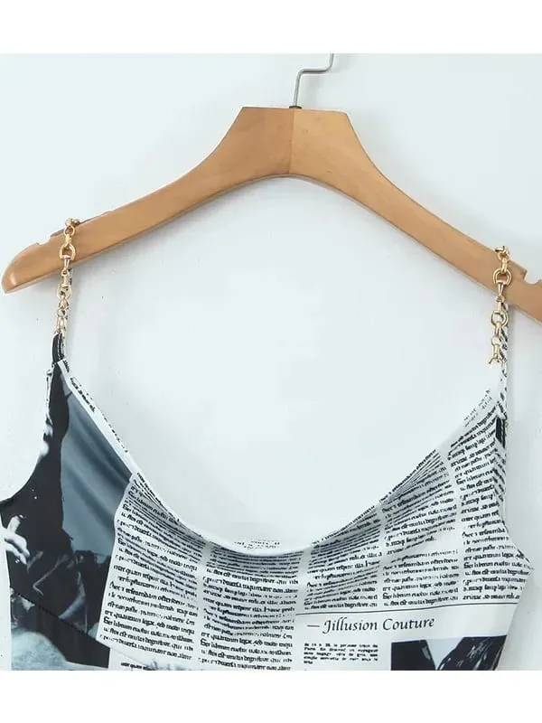 New Women Newspaper Letter Print Irregular Hem Sling Dresses Fashion Backless Thin Straps With Chain Summer Sexy Dress KJH2