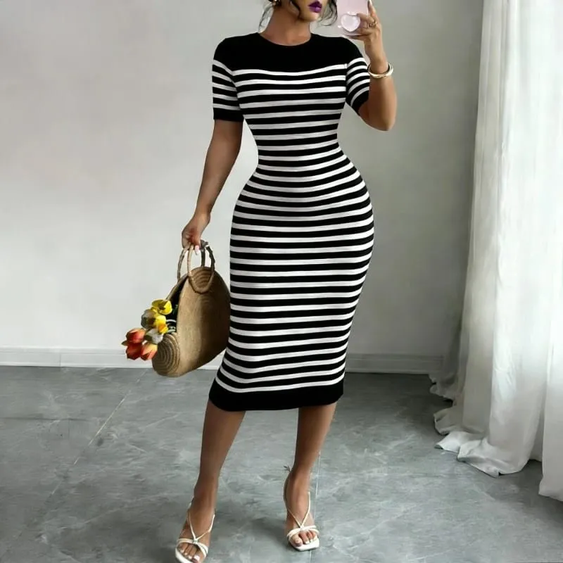 Women's Black Striped Crew Neck Short Sleeve Stretchy Knit Midi Dress Bodycon Sundress Casual Summer Daily Party Dress Outfits — image 5