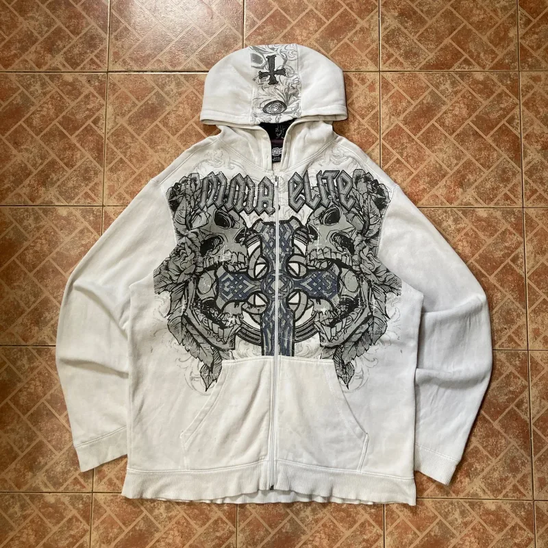 American Retro Rock Gothic Graphic Fur Collar Loose Zipper Sweatshirt Men's Y2K New Harajuku Punk Casual Joker Hoodie Streetwear