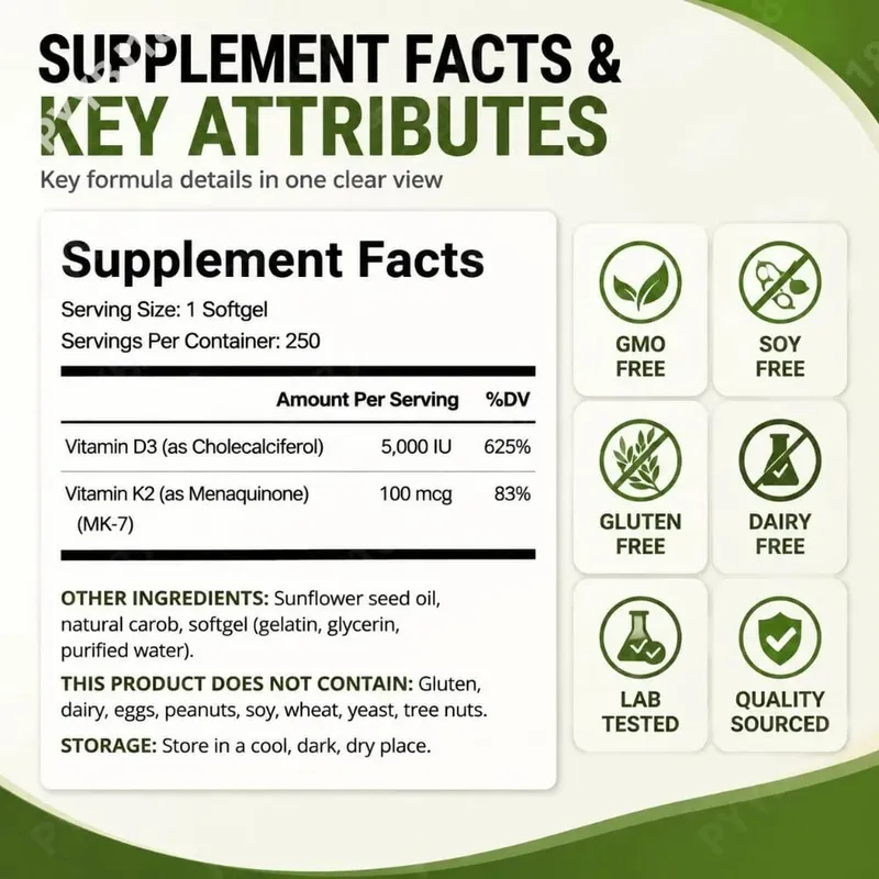 Vitamin D3 K2 Softgels with MK-7 5000 IU Vitamin D3 and 100 mcg Vitamin K2 for Daily Heart Bone & Immune Support 250 Softgels