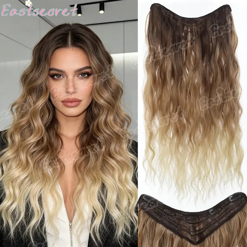 Synthetic Long Clip In One Piece Hair Extension 5 Clips V-Shaped Clip In Hair Extensions Heat Resistant Fake Hair
