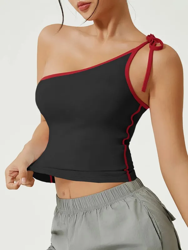 Asymmetric One Shoulder Tie Strap Tank Top Women Red Contrast Trim Slim Fit Crop Cami Summer Y2K Sleeveless Vest