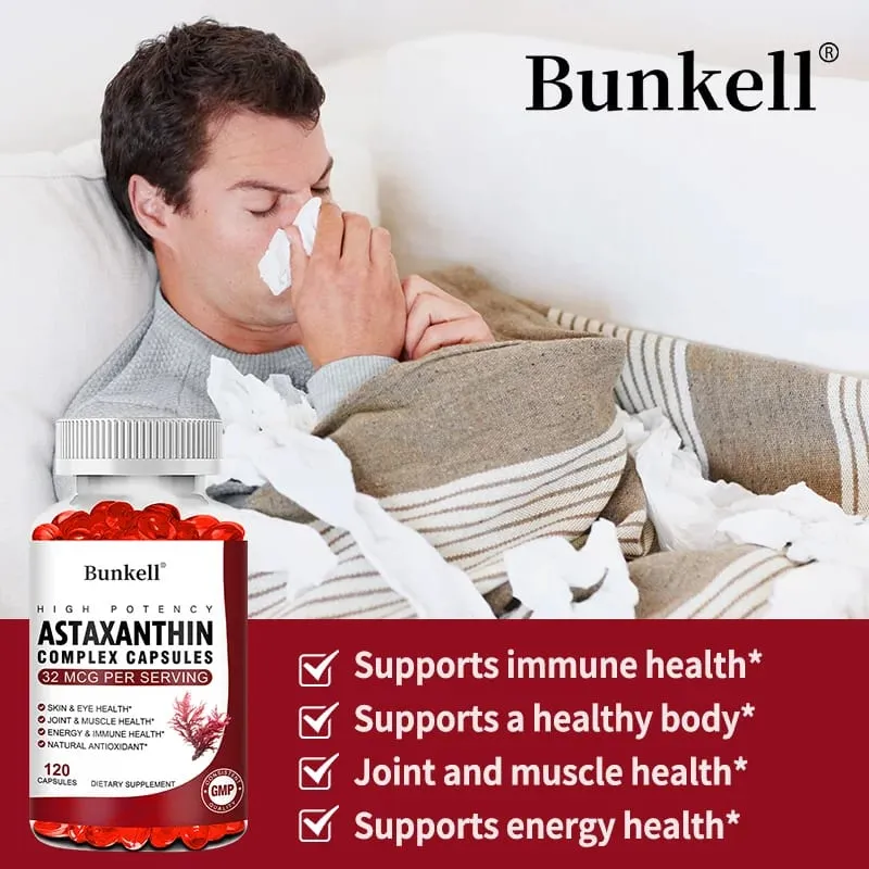 Bunkell Vegan Astaxanthin med fiskeolie og antratisk krillolie Antioxidant understøtter øjenhuds cellulær sundhed Ikke-GMO-kapsler