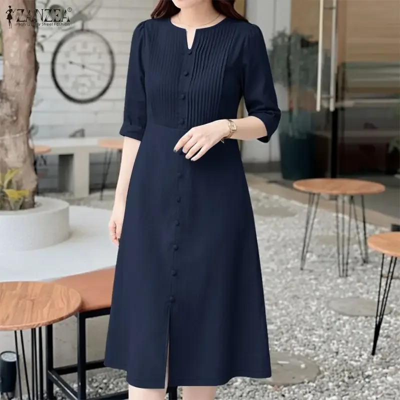 2026 ZANZEA Stylish Split Hem Dress Women Summer Sundress V Neck Half Sleeve Holiday Midi Robe Casual Solid Color Work Dresses