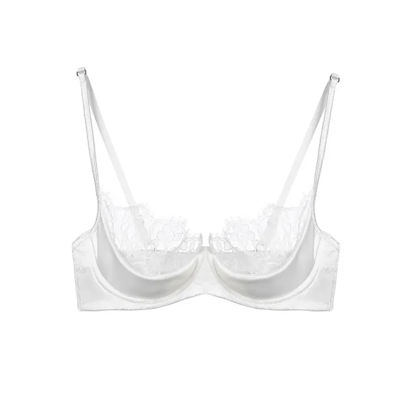 Half Cup Lingerie Set Women Green French Lace Ultra Thin Sheer Soft Comfortable Underwire Bra Small Bust 32‑38AB Set