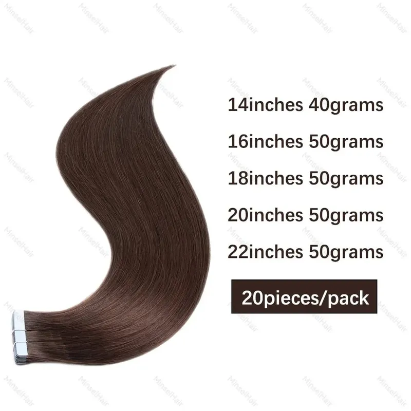 Brown Russian Tape in Hair Extension Real Human Hair Cuticle Aligned Premium Remy Adhesive Europen Tape Ins 14-22inch 20-60pcs