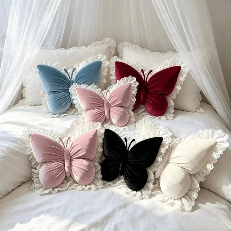 Elegant Velvet Butterfly Plush Pillow Soft Lace Trim Bow Plush Cushion Cute Plush Bow Throw Pillow Bedroom